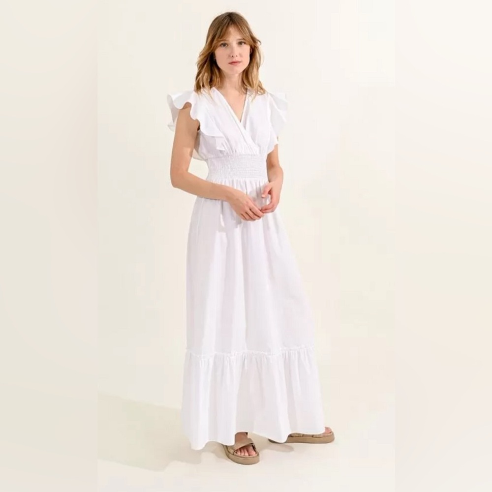 Molly Bracken Woven V-Neck White Maxi Dress NWOT